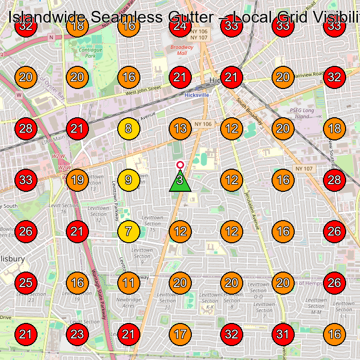 Islandwide Seamless Gutter GeoGrid visibility map for Contractor in Hicksville